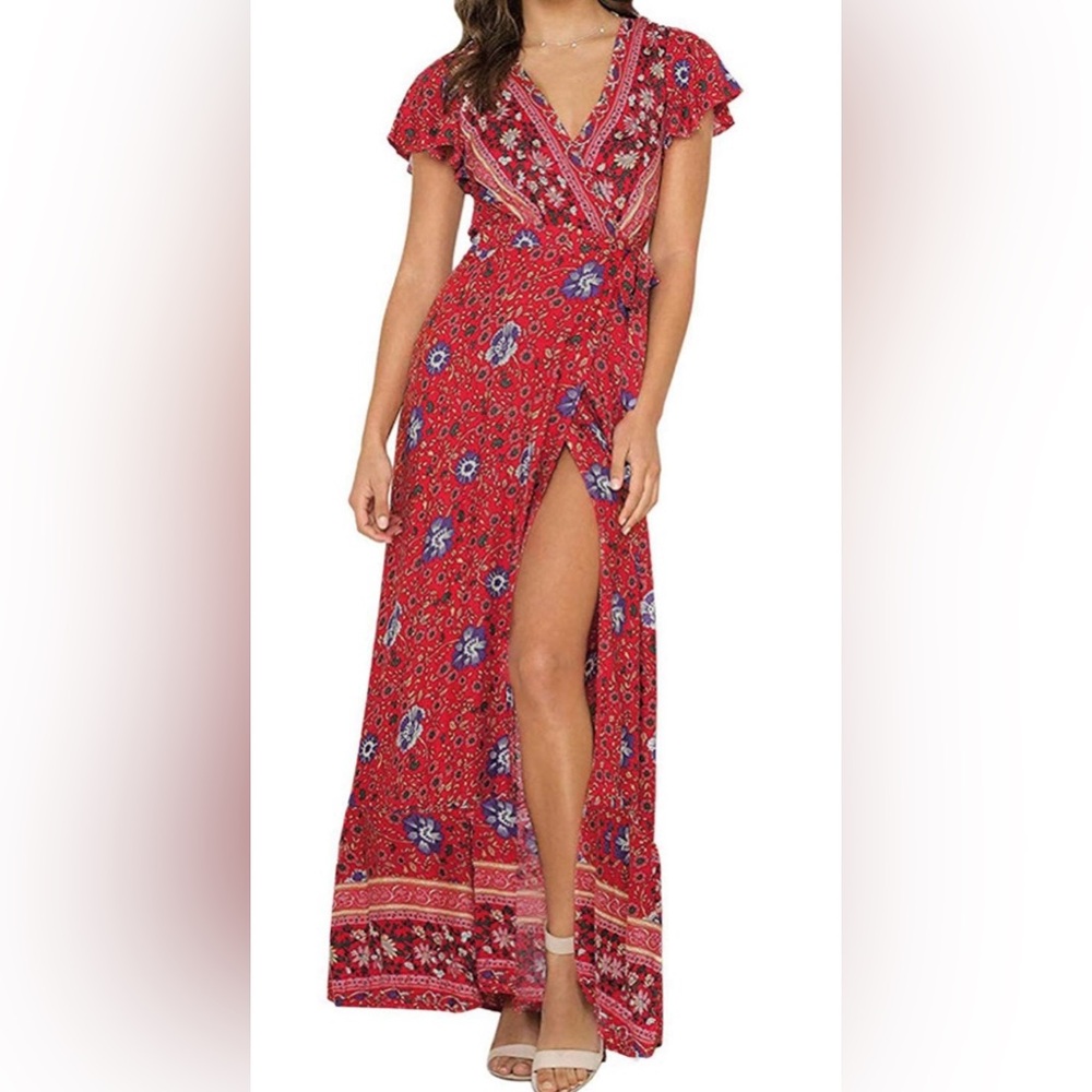 Red and Blue Wrap Maxi Skirt with Slit